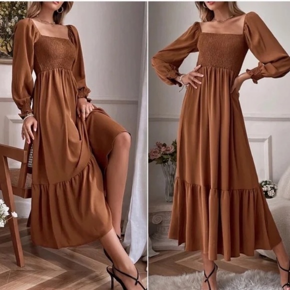 Boho Puff Sleeve Ruffle Maxi Dress Rust Brown - Picture 3 of 3